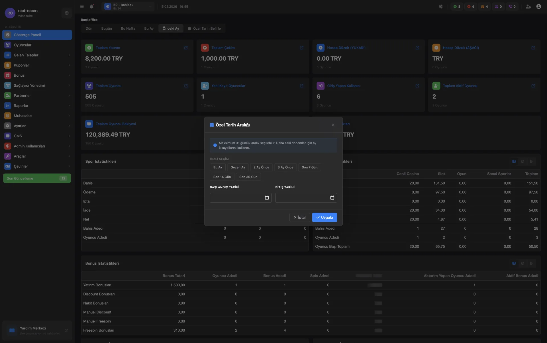 Dashboard İstatistikler